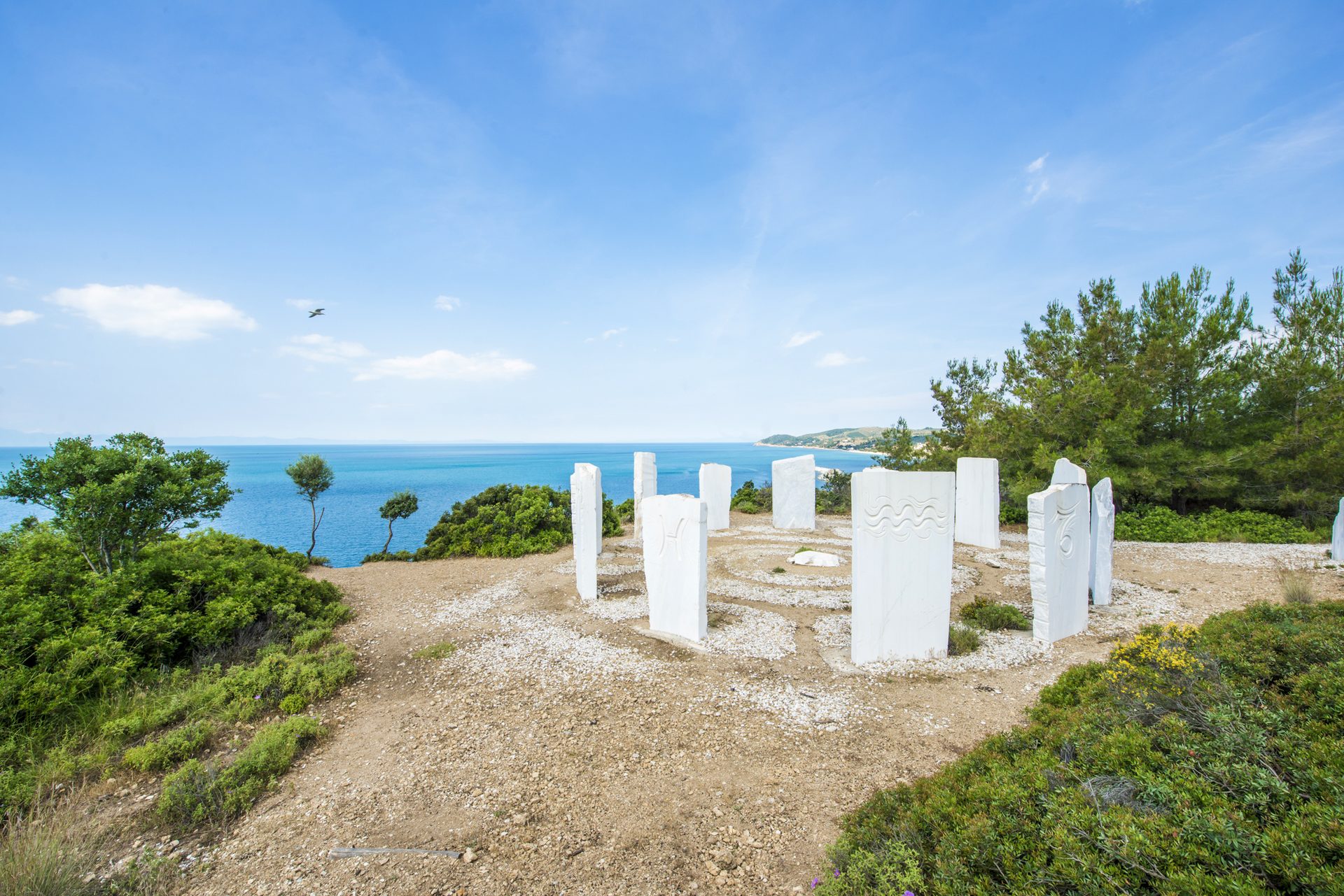 Marble zodiac sculpture park at Metalia, Limenaria, overlooking the sea