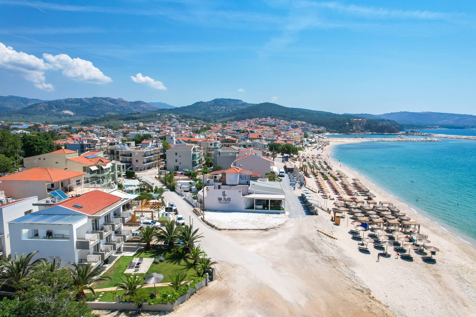 Aerial view of Limenaria beach and town, Thassos